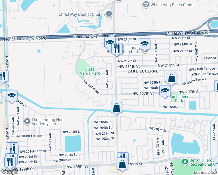 map of restaurants, bars, coffee shops, grocery stores, and more near 20765 Northwest 38th Avenue in Miami Gardens