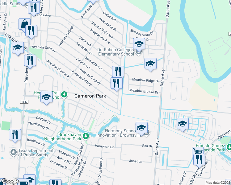 map of restaurants, bars, coffee shops, grocery stores, and more near 2728 Avenida Gregory in Brownsville