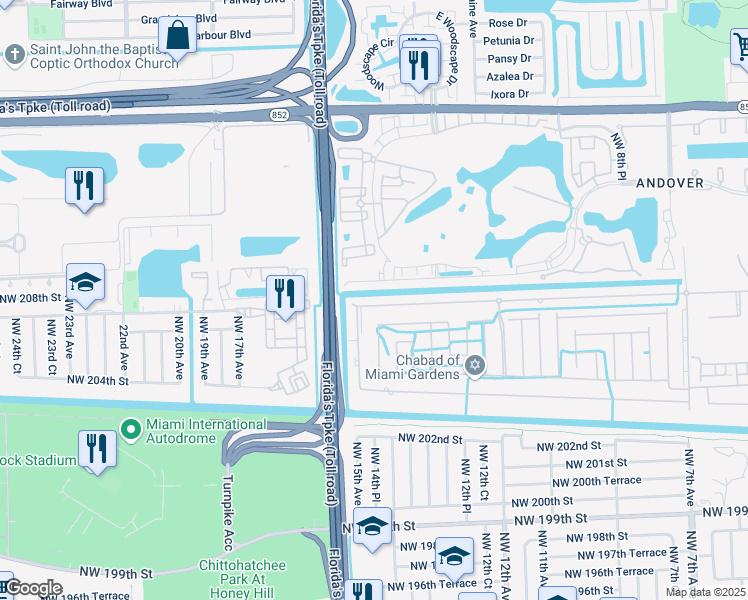 map of restaurants, bars, coffee shops, grocery stores, and more near 1461 Northwest 207th Street in Miami