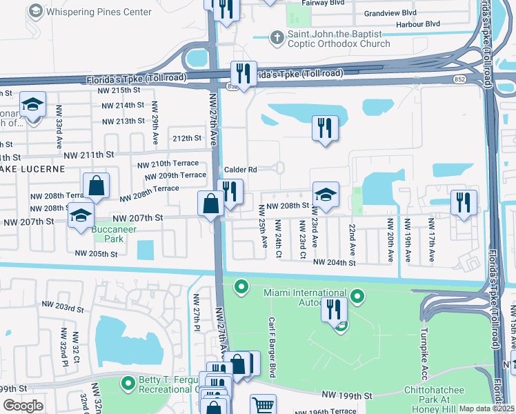 map of restaurants, bars, coffee shops, grocery stores, and more near 20730 Northwest 25th Avenue in Miami Gardens