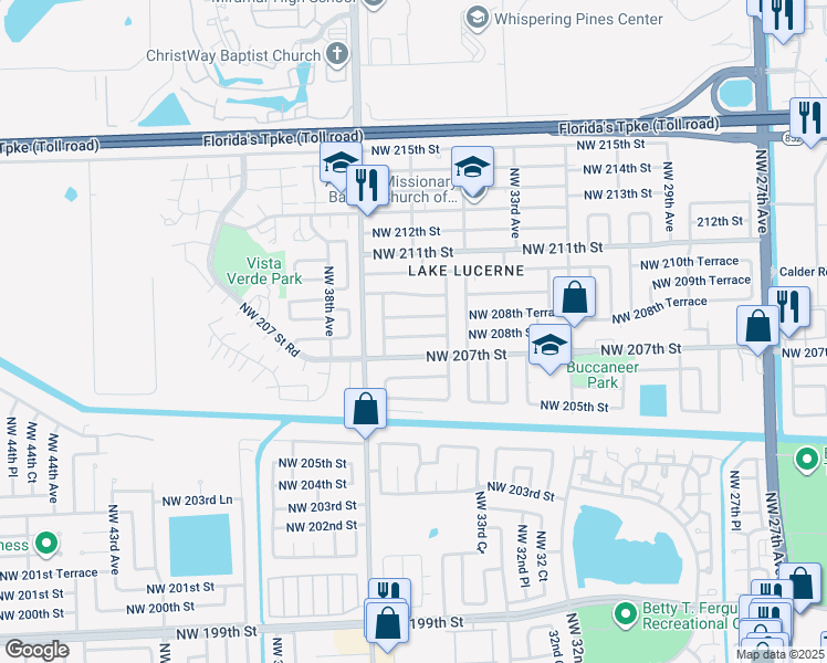 map of restaurants, bars, coffee shops, grocery stores, and more near 3501 Northwest 208th Street in Miami Gardens