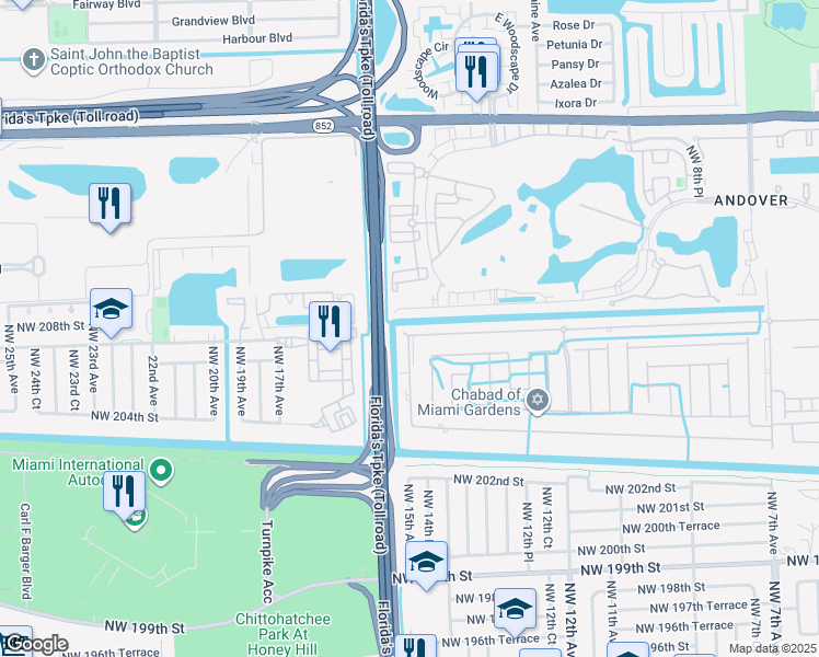 map of restaurants, bars, coffee shops, grocery stores, and more near 1461 Northwest 207th Street in Miami
