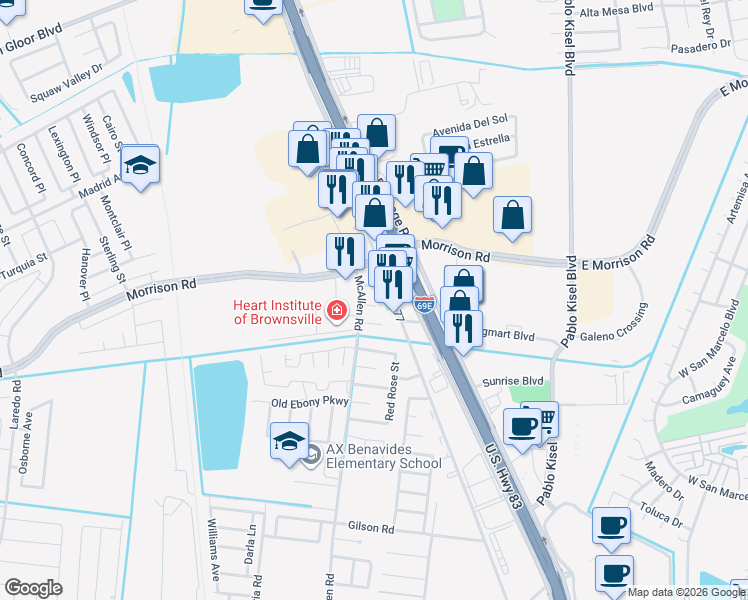 map of restaurants, bars, coffee shops, grocery stores, and more near 229 Cute Rose Court in Brownsville