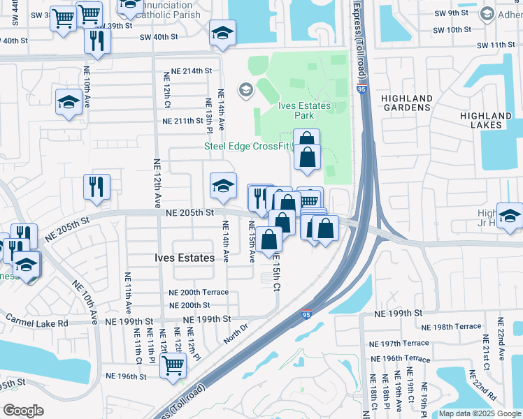 map of restaurants, bars, coffee shops, grocery stores, and more near 1511 Northeast 205th Terrace in Miami