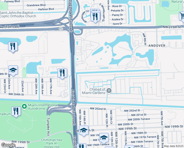 map of restaurants, bars, coffee shops, grocery stores, and more near 1371 Northwest 207th Street in Miami