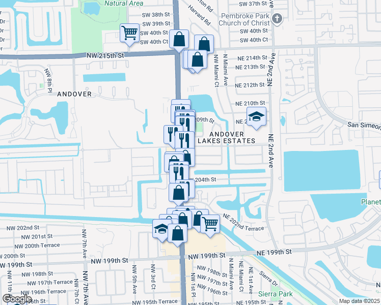 map of restaurants, bars, coffee shops, grocery stores, and more near 20650 Northwest 1st Court in Miami