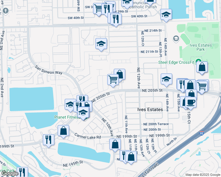 map of restaurants, bars, coffee shops, grocery stores, and more near 20507 NE 9th Pl in Miami