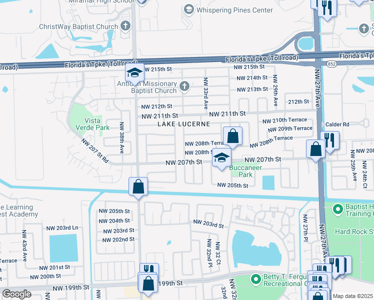 map of restaurants, bars, coffee shops, grocery stores, and more near 3331 Northwest 208th Street in Miami Gardens