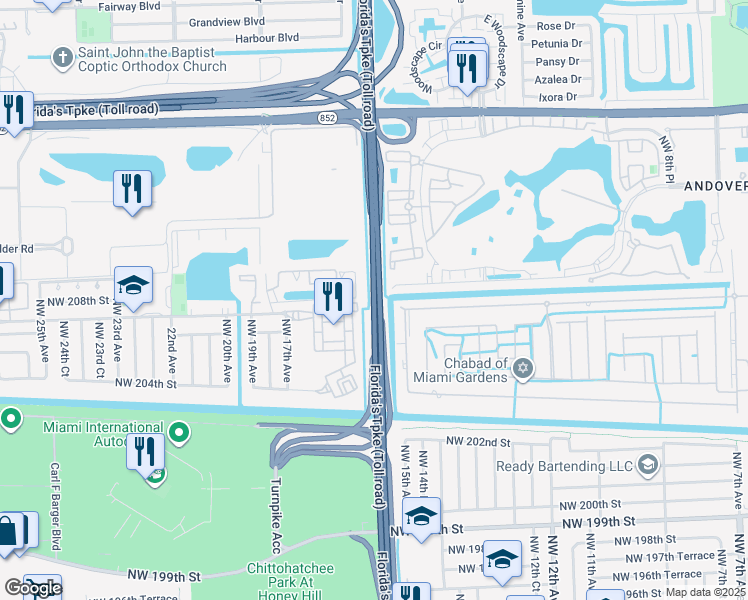 map of restaurants, bars, coffee shops, grocery stores, and more near Florida's Turnpike in Opa-locka