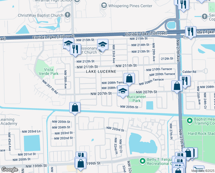 map of restaurants, bars, coffee shops, grocery stores, and more near 3331 Northwest 208th Street in Miami Gardens