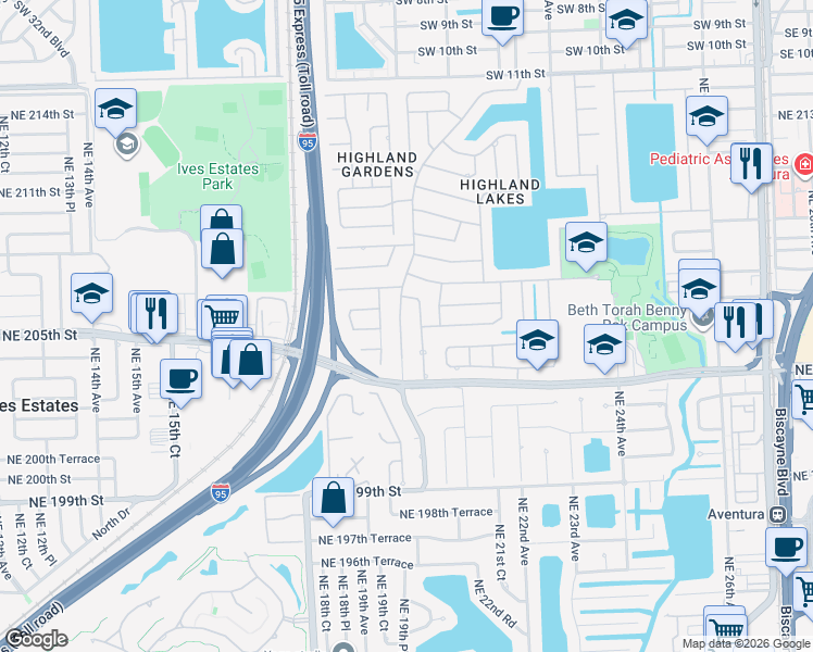 map of restaurants, bars, coffee shops, grocery stores, and more near 20450 Northeast 20th Court in North Miami Beach