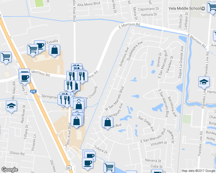 map of restaurants, bars, coffee shops, grocery stores, and more near 25 Nayarit Court in Brownsville