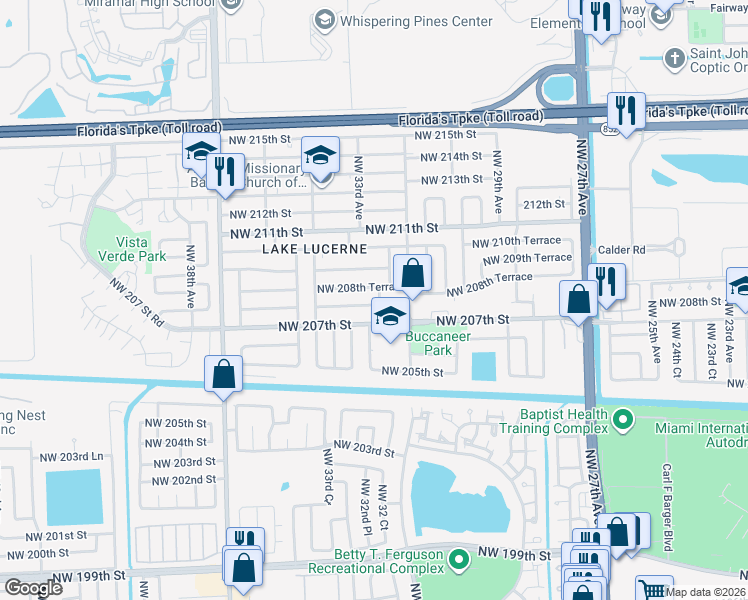 map of restaurants, bars, coffee shops, grocery stores, and more near 3271 Northwest 208th Street in Miami Gardens