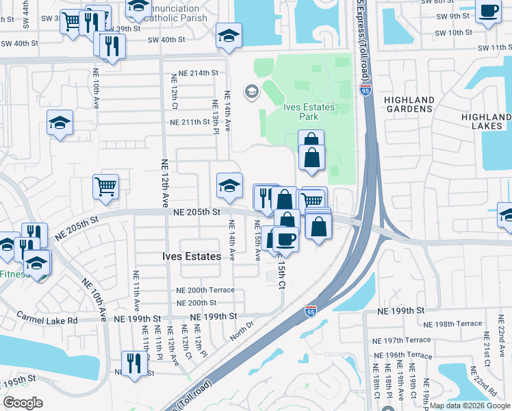 map of restaurants, bars, coffee shops, grocery stores, and more near 1511 Northeast 205th Terrace in Miami