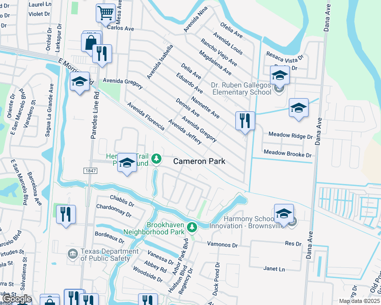 map of restaurants, bars, coffee shops, grocery stores, and more near 2619 Avenida Florencia in Brownsville