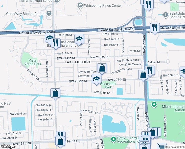 map of restaurants, bars, coffee shops, grocery stores, and more near 3271 Northwest 208th Street in Miami Gardens