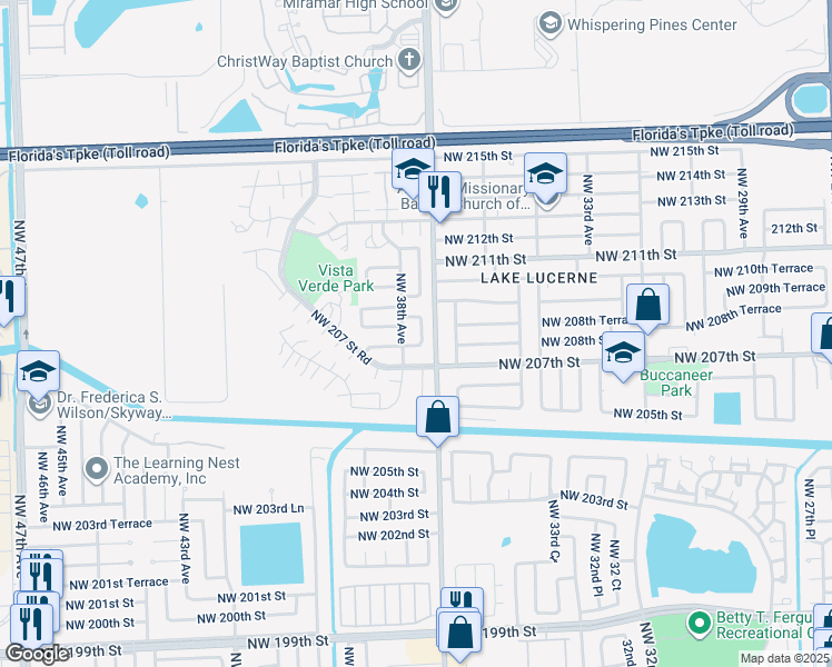 map of restaurants, bars, coffee shops, grocery stores, and more near 20765 Northwest 38th Avenue in Miami Gardens