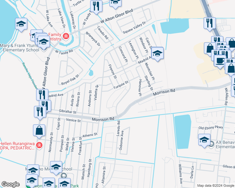 map of restaurants, bars, coffee shops, grocery stores, and more near 3364 Turquia Street in Brownsville