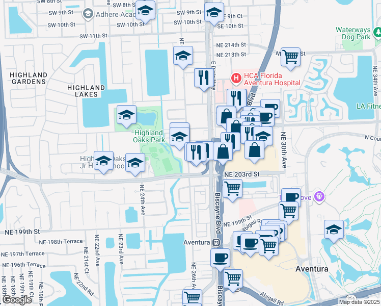 map of restaurants, bars, coffee shops, grocery stores, and more near 2600 Northeast 205th Street in Miami