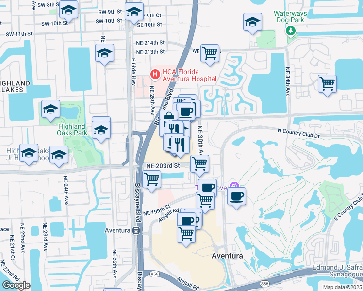 map of restaurants, bars, coffee shops, grocery stores, and more near 20445 Biscayne Boulevard in Aventura