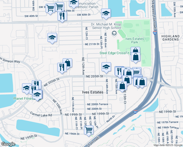 map of restaurants, bars, coffee shops, grocery stores, and more near 1260 Northeast 206th Street in Miami