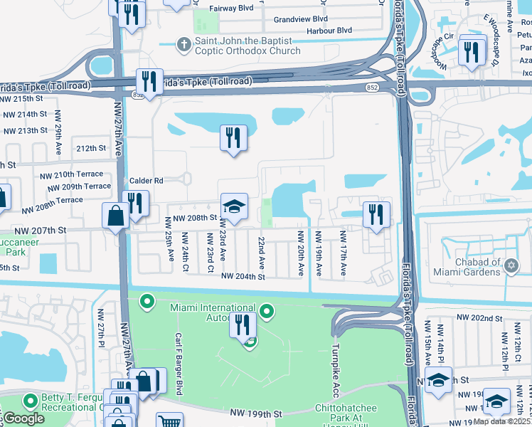 map of restaurants, bars, coffee shops, grocery stores, and more near 20775 Northwest 22nd Avenue in Miami Gardens
