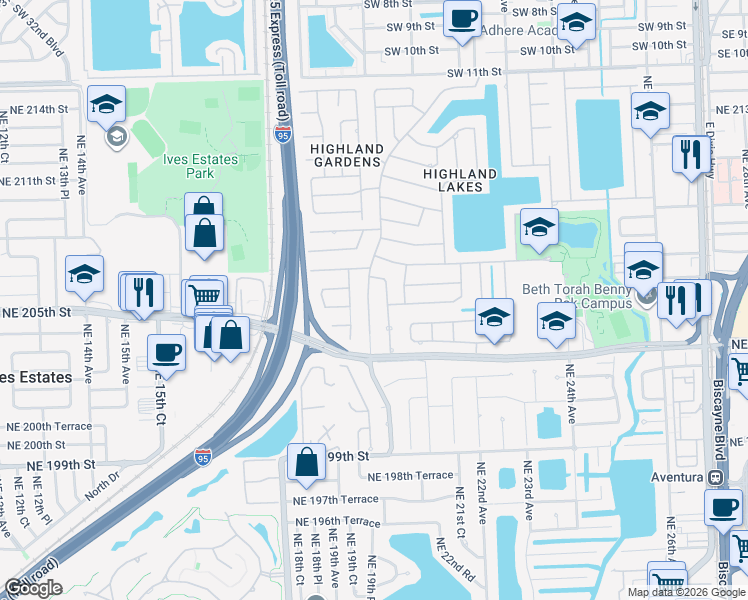 map of restaurants, bars, coffee shops, grocery stores, and more near 20450 Northeast 20th Court in North Miami Beach