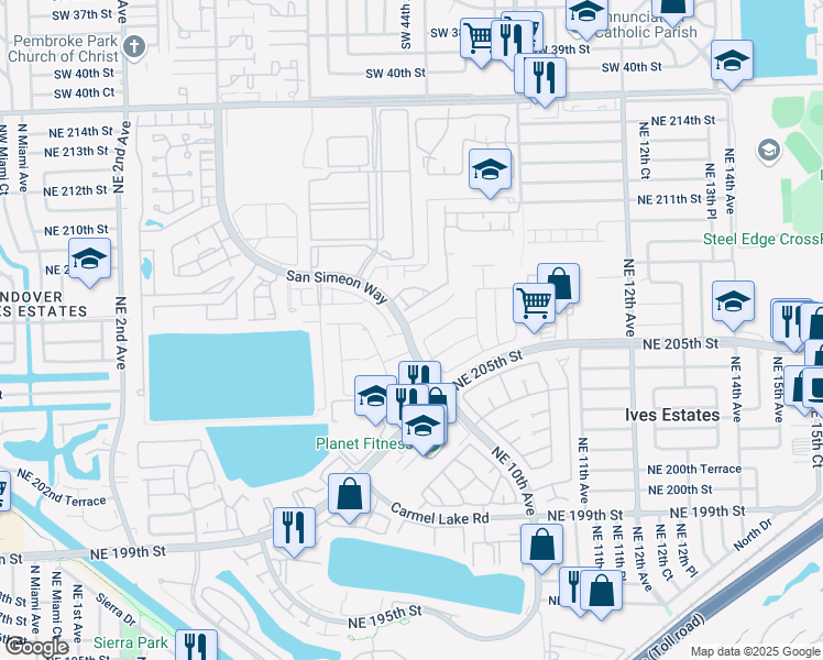 map of restaurants, bars, coffee shops, grocery stores, and more near 799 Northeast 206th Street in North Miami Beach