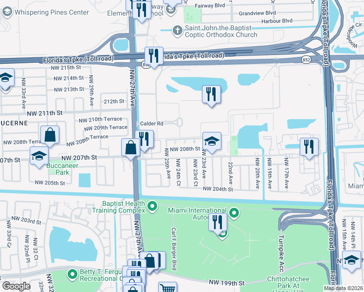 map of restaurants, bars, coffee shops, grocery stores, and more near 2410 Northwest 208th Street in Miami Gardens