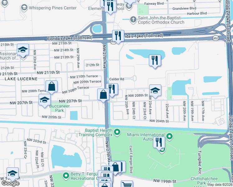 map of restaurants, bars, coffee shops, grocery stores, and more near 2601 Northwest 207th Street in Miami Gardens