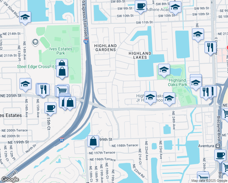 map of restaurants, bars, coffee shops, grocery stores, and more near 20450 Northeast 20th Court in North Miami Beach