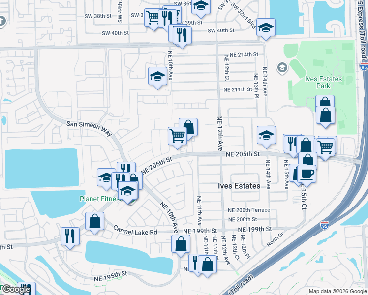 map of restaurants, bars, coffee shops, grocery stores, and more near 1041 Ives Dairy Road in Miami