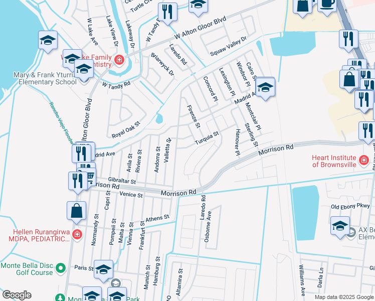 map of restaurants, bars, coffee shops, grocery stores, and more near 3224 Turquia Street in Brownsville