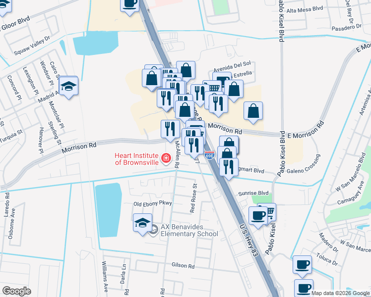 map of restaurants, bars, coffee shops, grocery stores, and more near 229 Cute Rose Court in Brownsville