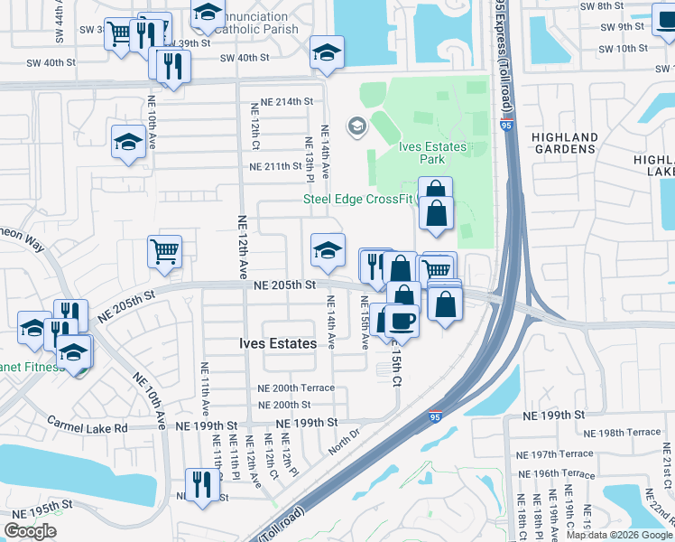 map of restaurants, bars, coffee shops, grocery stores, and more near 1475 Northeast 205th Street in Miami