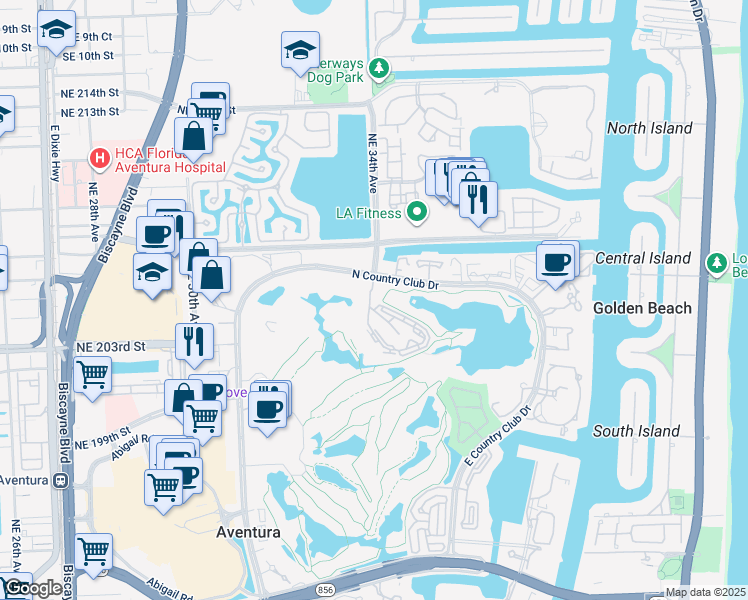 map of restaurants, bars, coffee shops, grocery stores, and more near 20466 Northeast 34th Court in Miami