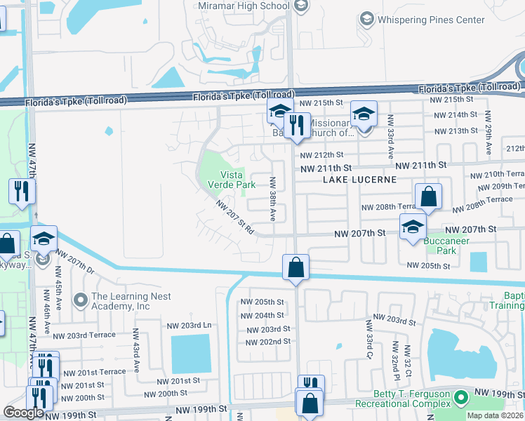 map of restaurants, bars, coffee shops, grocery stores, and more near 20715 Northwest 38th Court in Miami Gardens