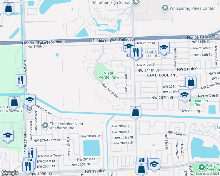 map of restaurants, bars, coffee shops, grocery stores, and more near 3896 207th Saint Road in Miami Gardens