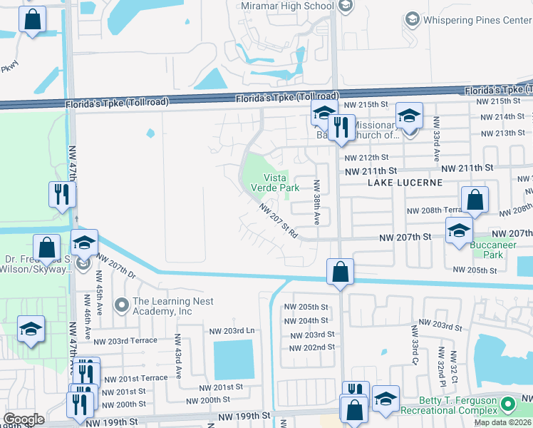 map of restaurants, bars, coffee shops, grocery stores, and more near 3896 207th Saint Road in Miami Gardens