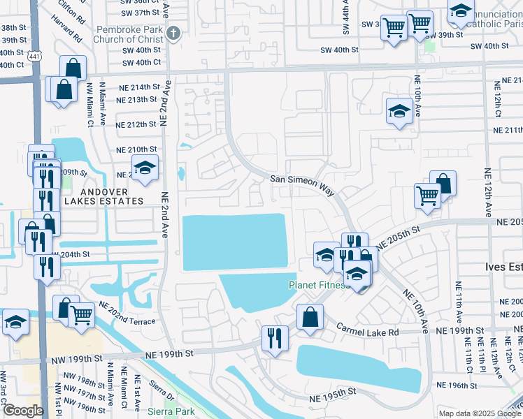 map of restaurants, bars, coffee shops, grocery stores, and more near 444 Northeast 206th Lane in Miami