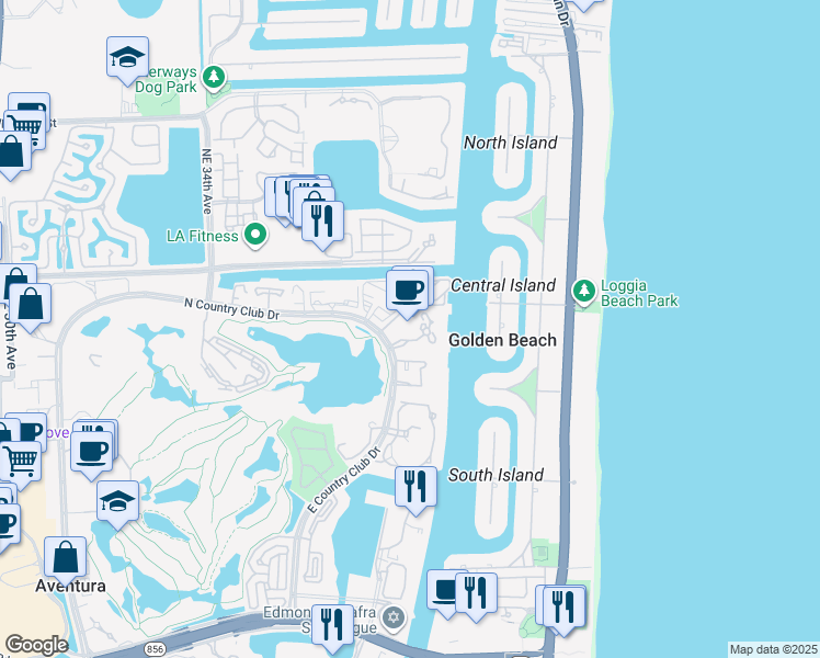 map of restaurants, bars, coffee shops, grocery stores, and more near 20201 East Country Club Drive in Aventura