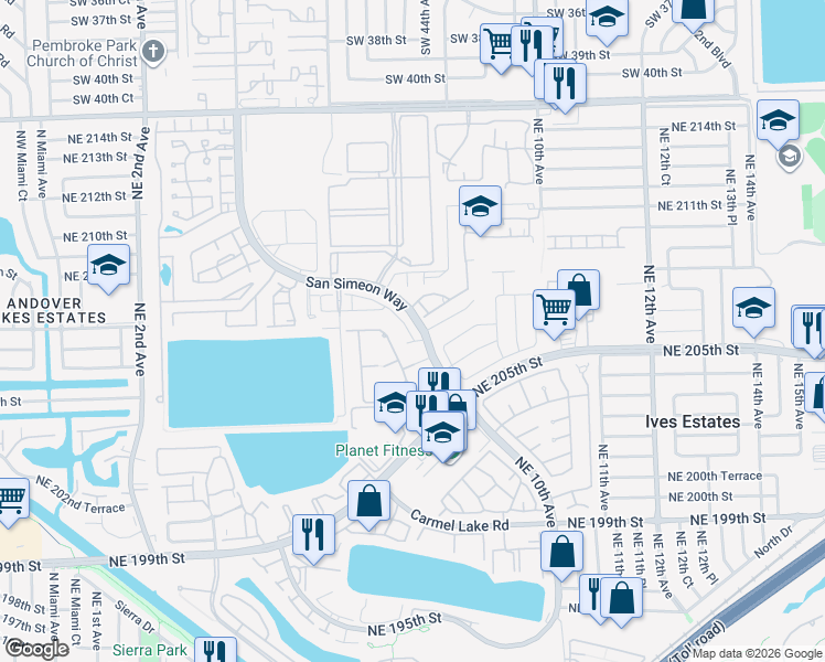 map of restaurants, bars, coffee shops, grocery stores, and more near 799 Northeast 206th Street in North Miami Beach