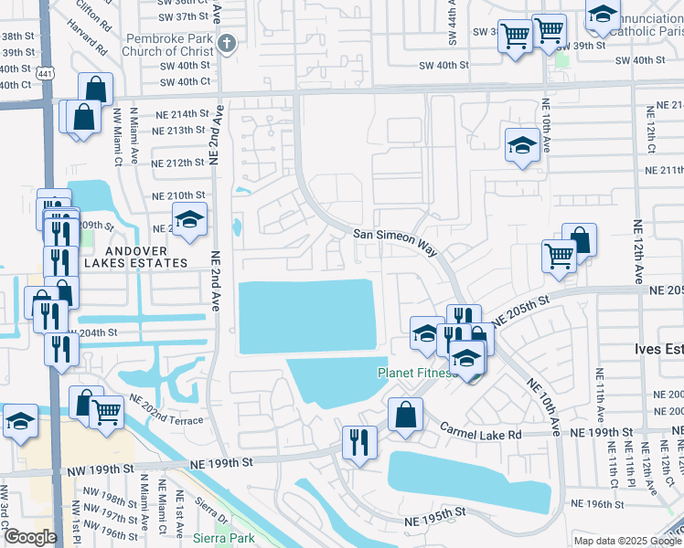 map of restaurants, bars, coffee shops, grocery stores, and more near 444 Northeast 206th Lane in Miami