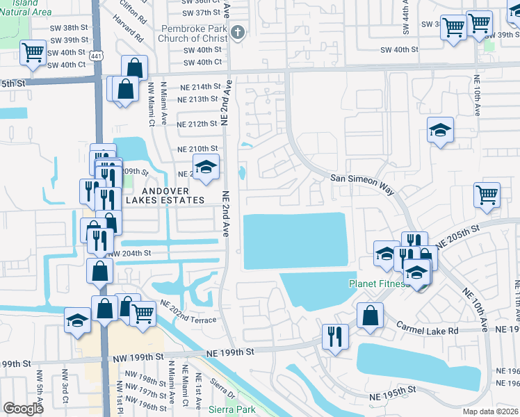 map of restaurants, bars, coffee shops, grocery stores, and more near 20860 San Simeon Way in North Miami Beach