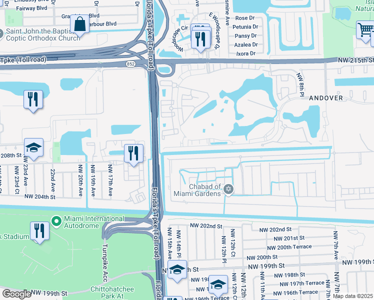 map of restaurants, bars, coffee shops, grocery stores, and more near 1371 Northwest 207th Street in Miami