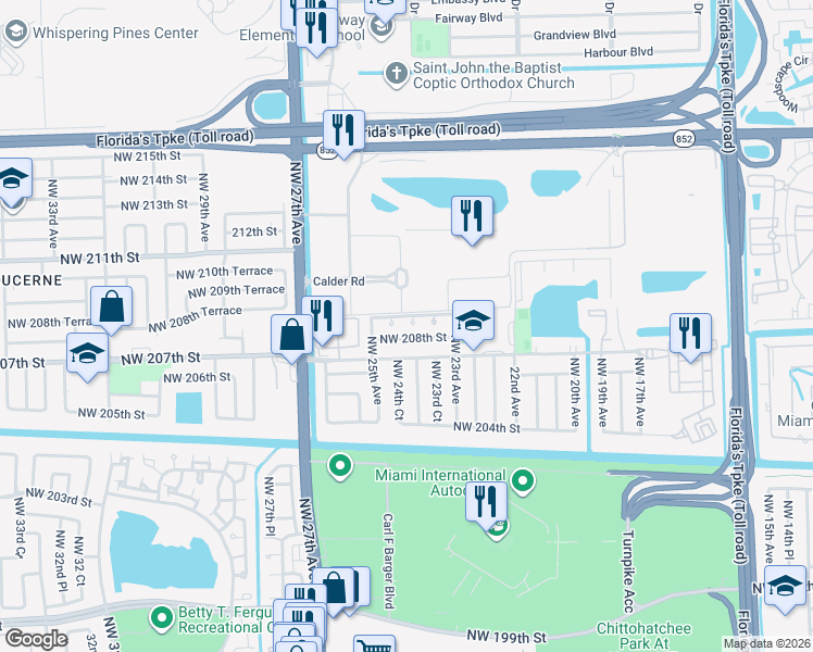 map of restaurants, bars, coffee shops, grocery stores, and more near 2410 Northwest 208th Street in Miami Gardens