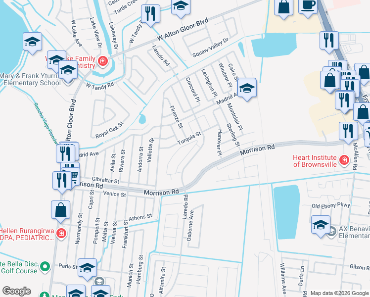 map of restaurants, bars, coffee shops, grocery stores, and more near 3364 Turquia Street in Brownsville