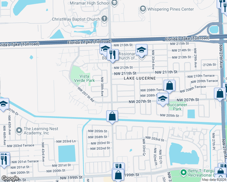 map of restaurants, bars, coffee shops, grocery stores, and more near 20801 Northwest 37th Avenue in Miami Gardens