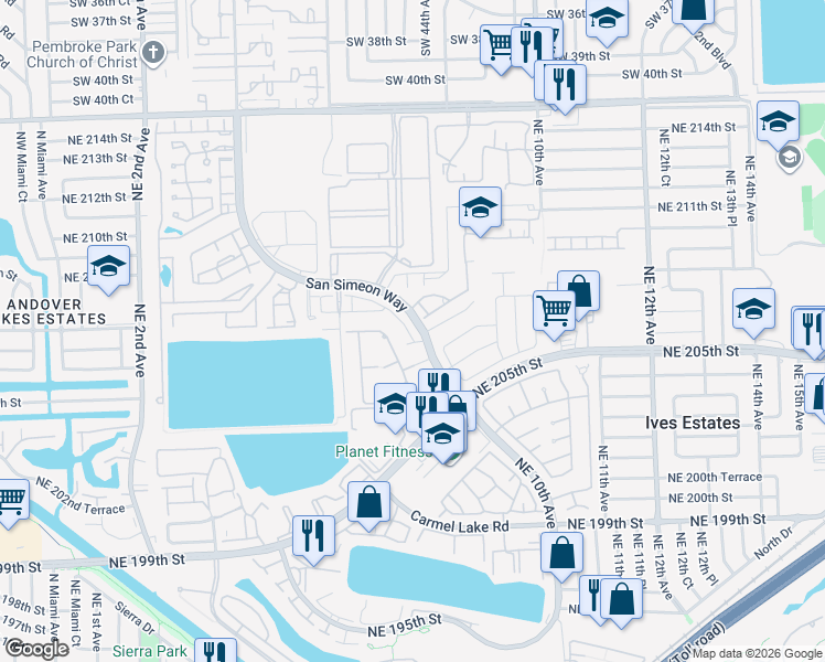 map of restaurants, bars, coffee shops, grocery stores, and more near 799 Northeast 206th Street in North Miami Beach