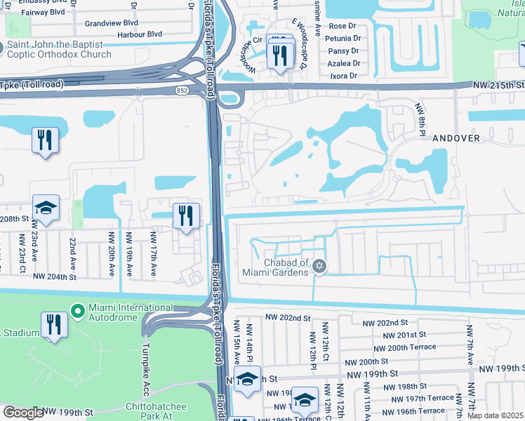 map of restaurants, bars, coffee shops, grocery stores, and more near 1371 Northwest 207th Street in Miami